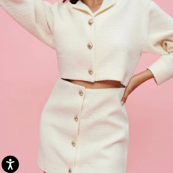 Maje Textured Twwed Open Front Mini Dress Ecru Cream Gold Buttons NWT 42 $535 - Picture 7 of 8